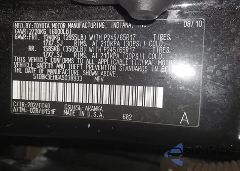 2010 Toyota Highlander Base V6 from USA, damaged, VIN 5TDBK3EH6AS038933